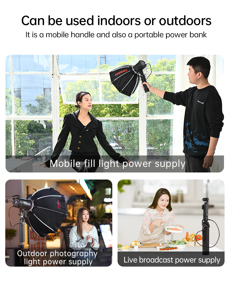 La maniglia a batteria BG98 fornisce una potenza di 100Ws per luci LED e può essere usata come luce di riempimento portatile, sorgente di luce in location, etc